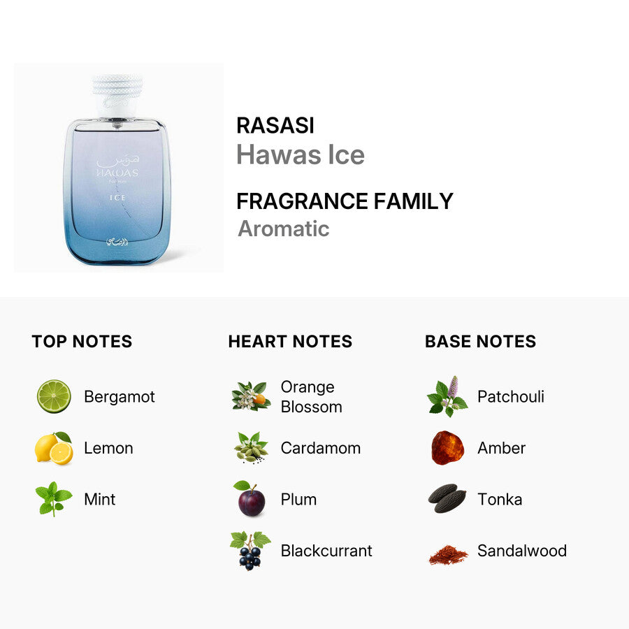 Rasasi Hawas Ice for Men Eau De Parfum 3.38 oz - Long Lasting Fresh Summer Fragrance