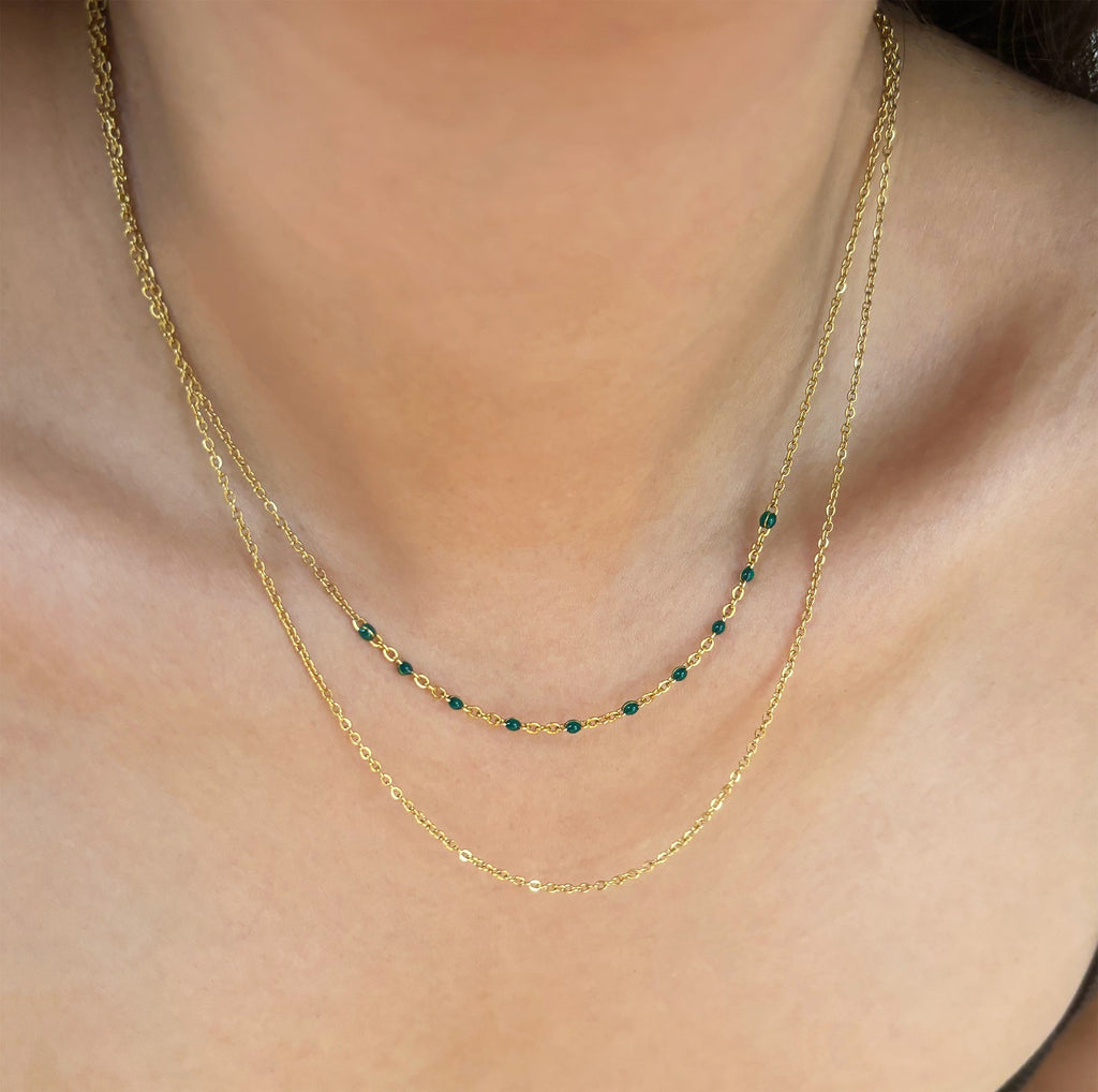 ROXI  DAINTY GOLD DUO GREEN BEADED NECKLACE