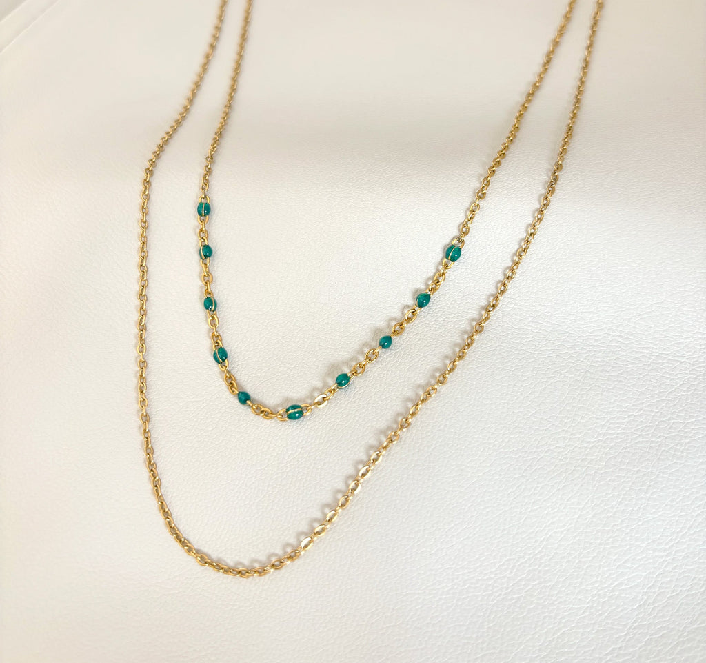 ROXI  DAINTY GOLD DUO GREEN BEADED NECKLACE
